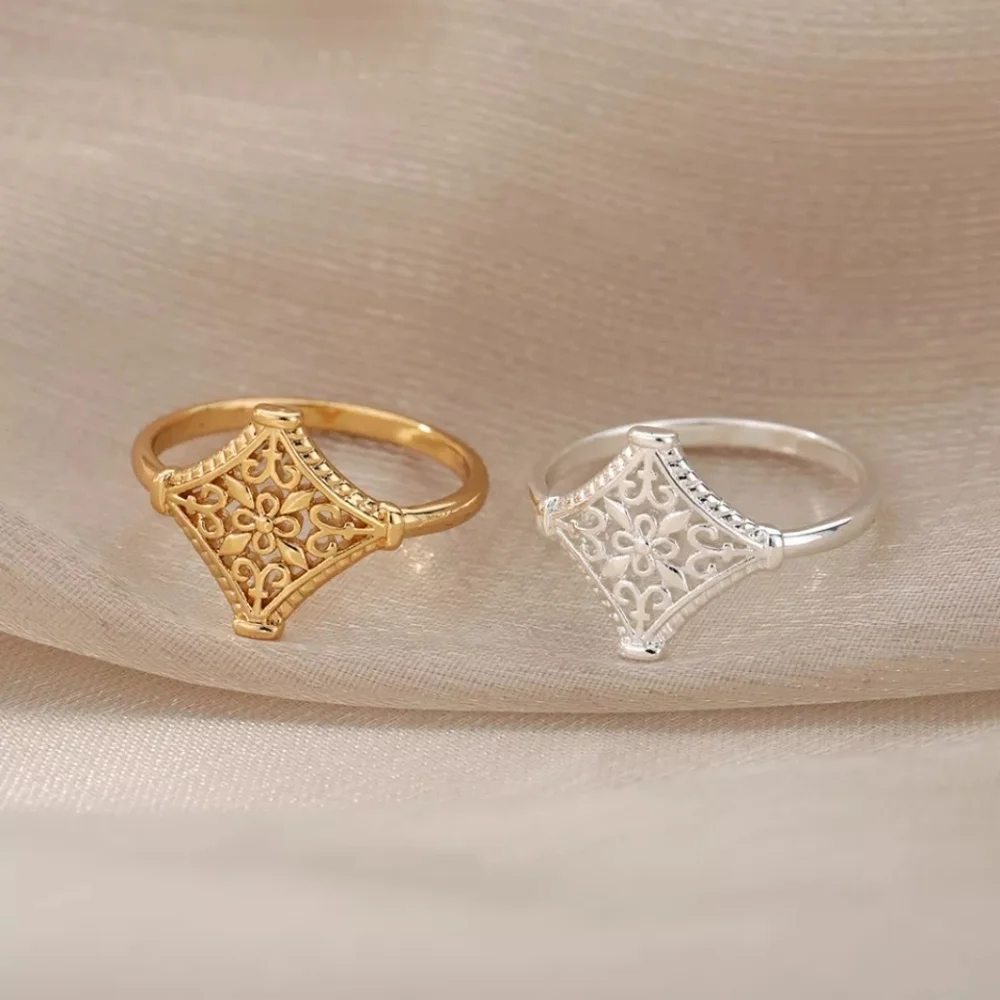 NEW 14k White Gold Plated Cut Out Filigree‎ Hollow Flower Ring, Size 7